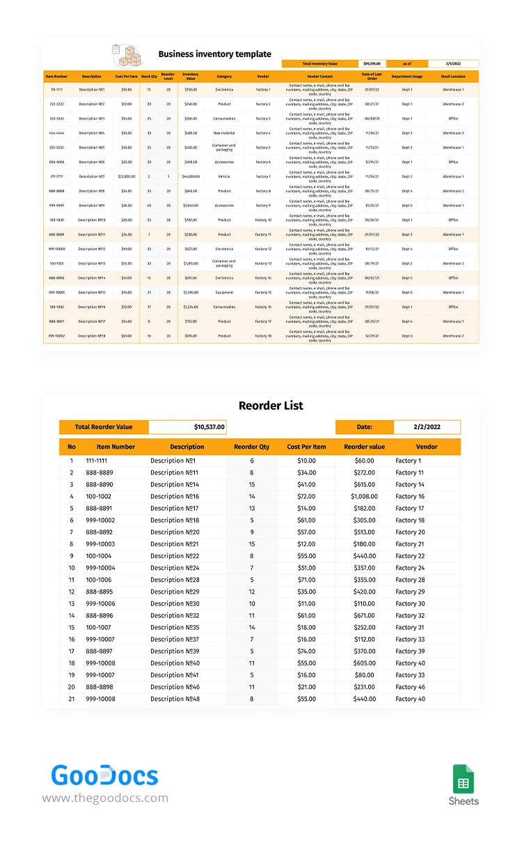 Inventaire d'entreprise avec liste de réapprovisionnement - free Google Docs Template - 10063381