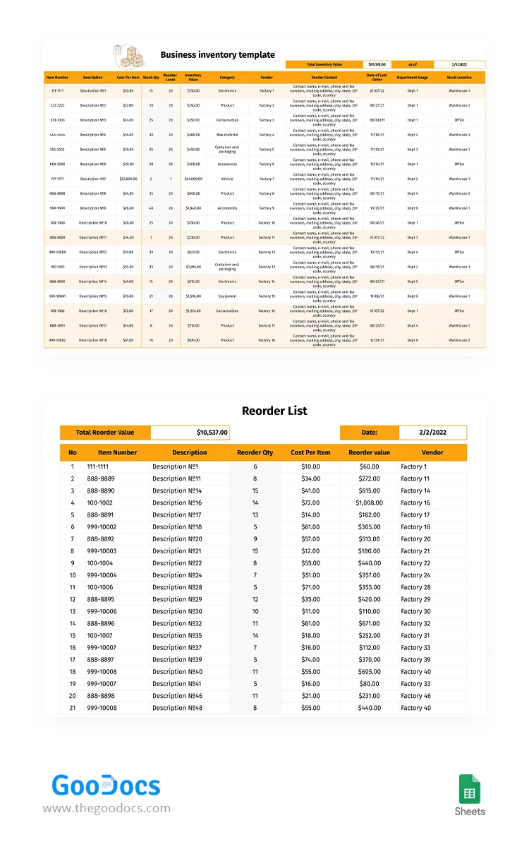 Inventario empresarial con lista de reordenamiento - free Google Docs Template - 10063381