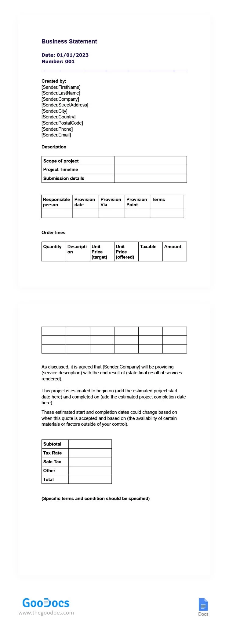 Declaração de negócios - free Google Docs Template - 10065857