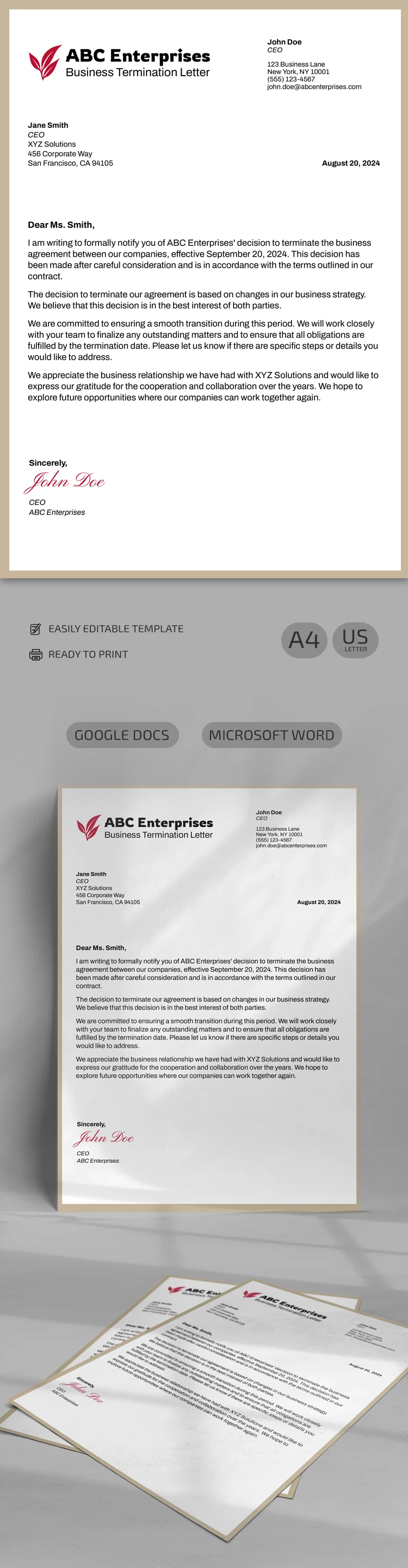 Lettre de résiliation d'entreprise - free Google Docs Template - 10069243