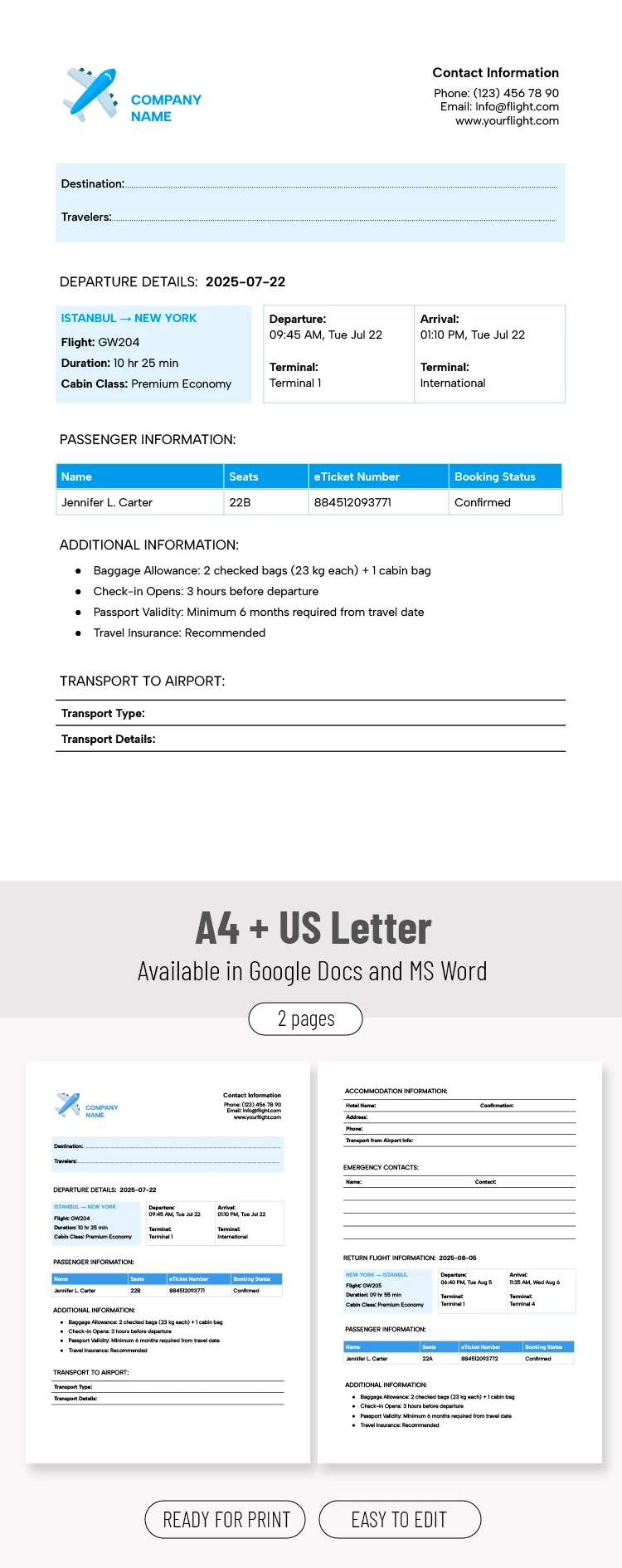 Business Trip Flight Itinerary Template - free Google Docs Template - 10071955