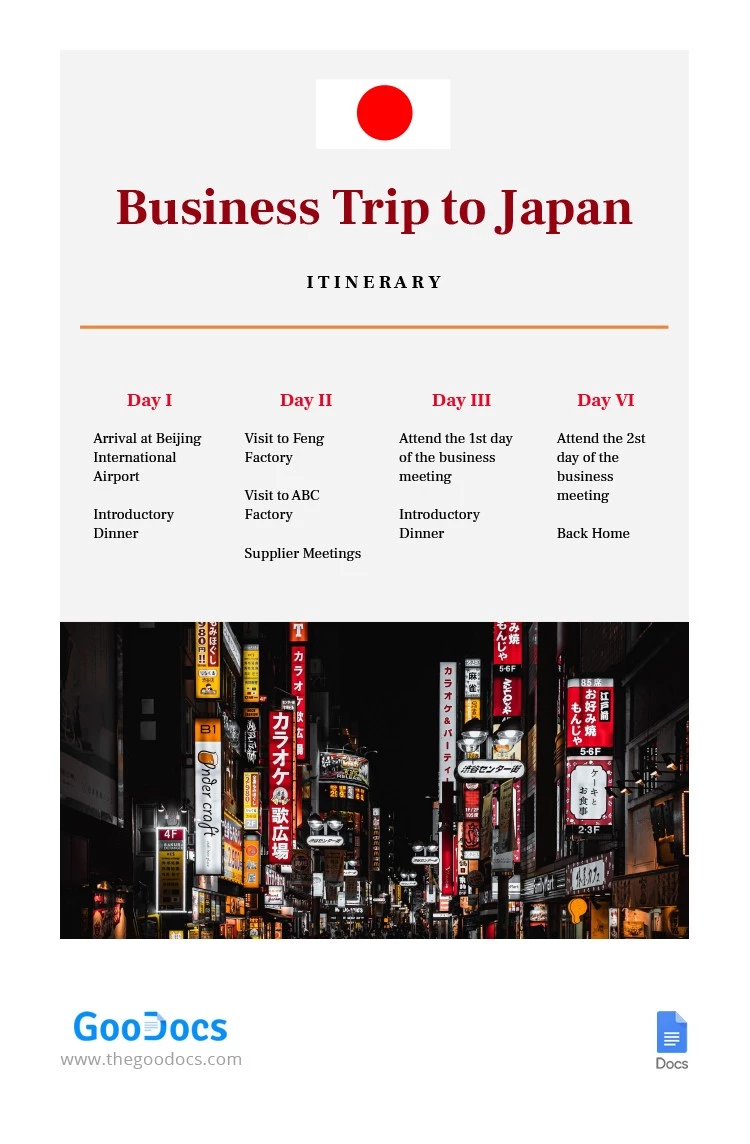 Business Trip Itinerary - free Google Docs Template - 10062516