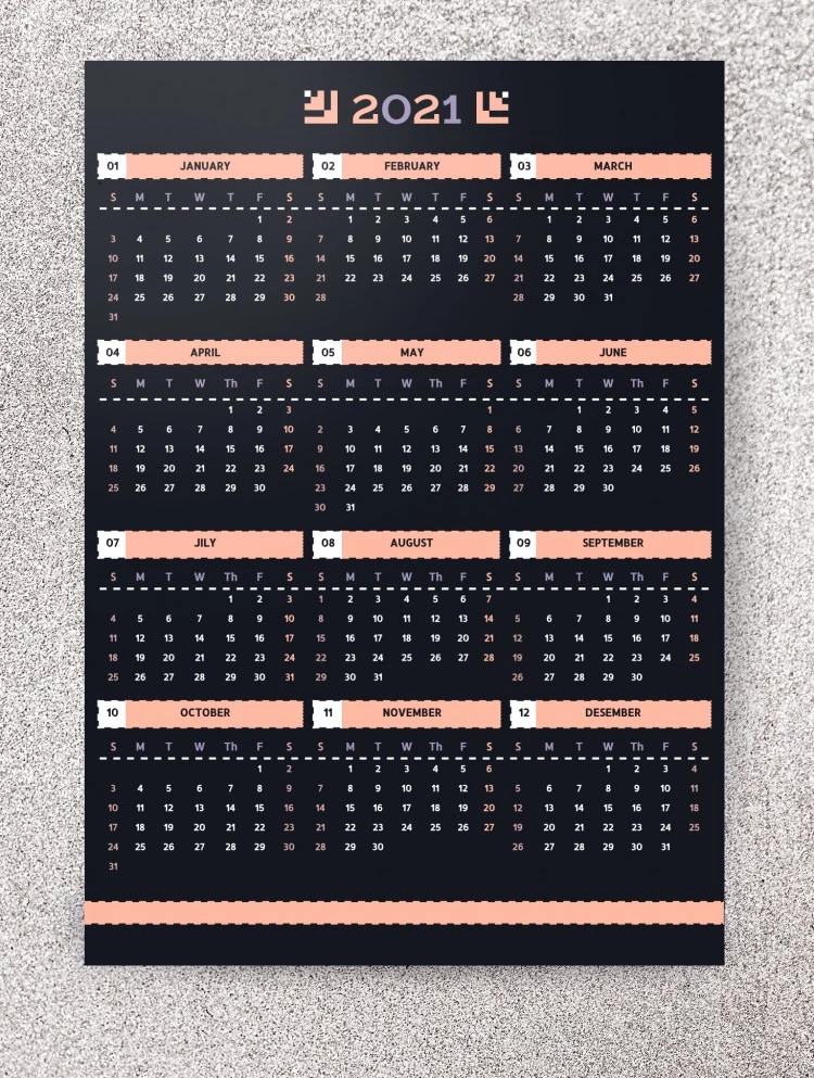 Calendario annuale 2021 nero - free Google Docs Template - 10061886