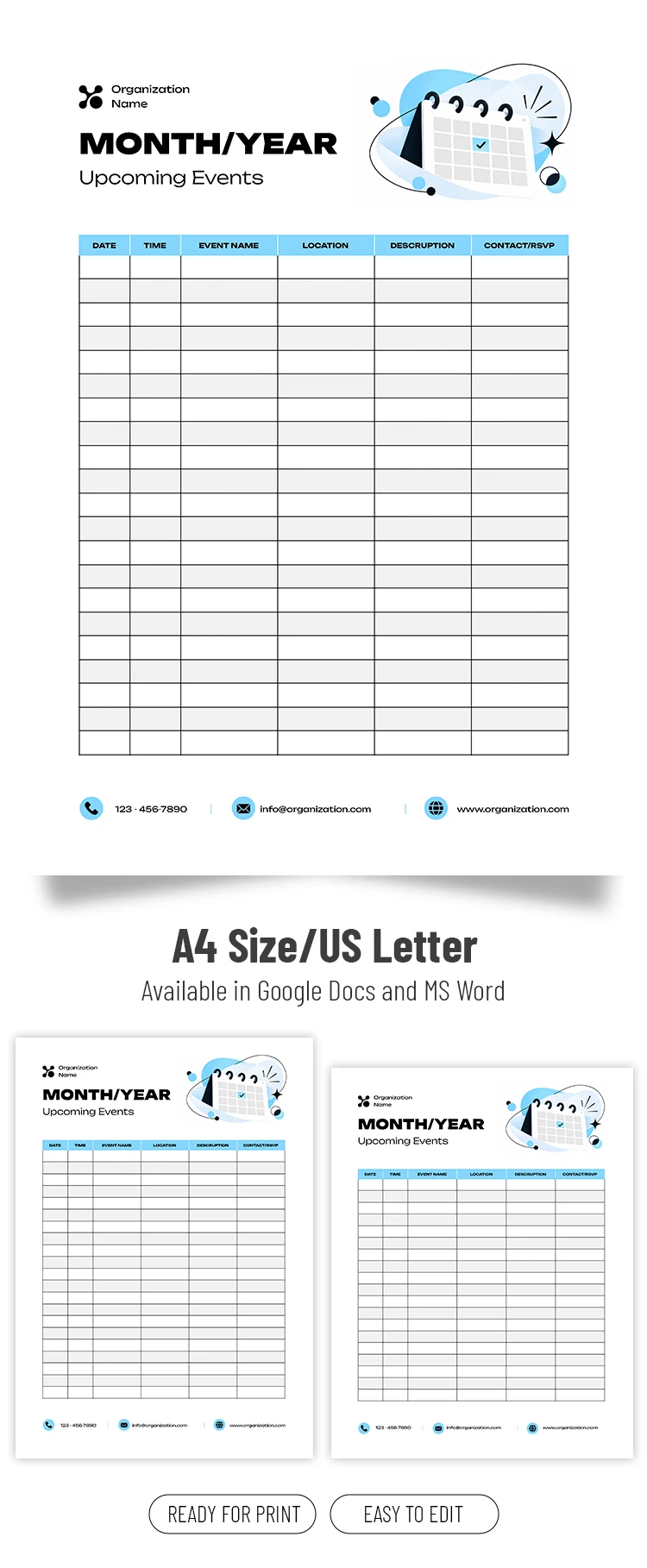 Preview of Calendar of Events Template for Google Docs and Microsoft Word