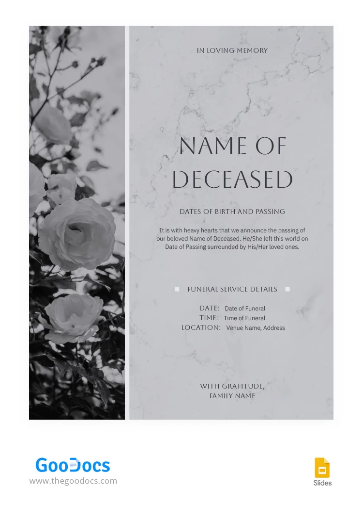 Invito funebre con rose grigie serene - free Google Docs Template - 10066712