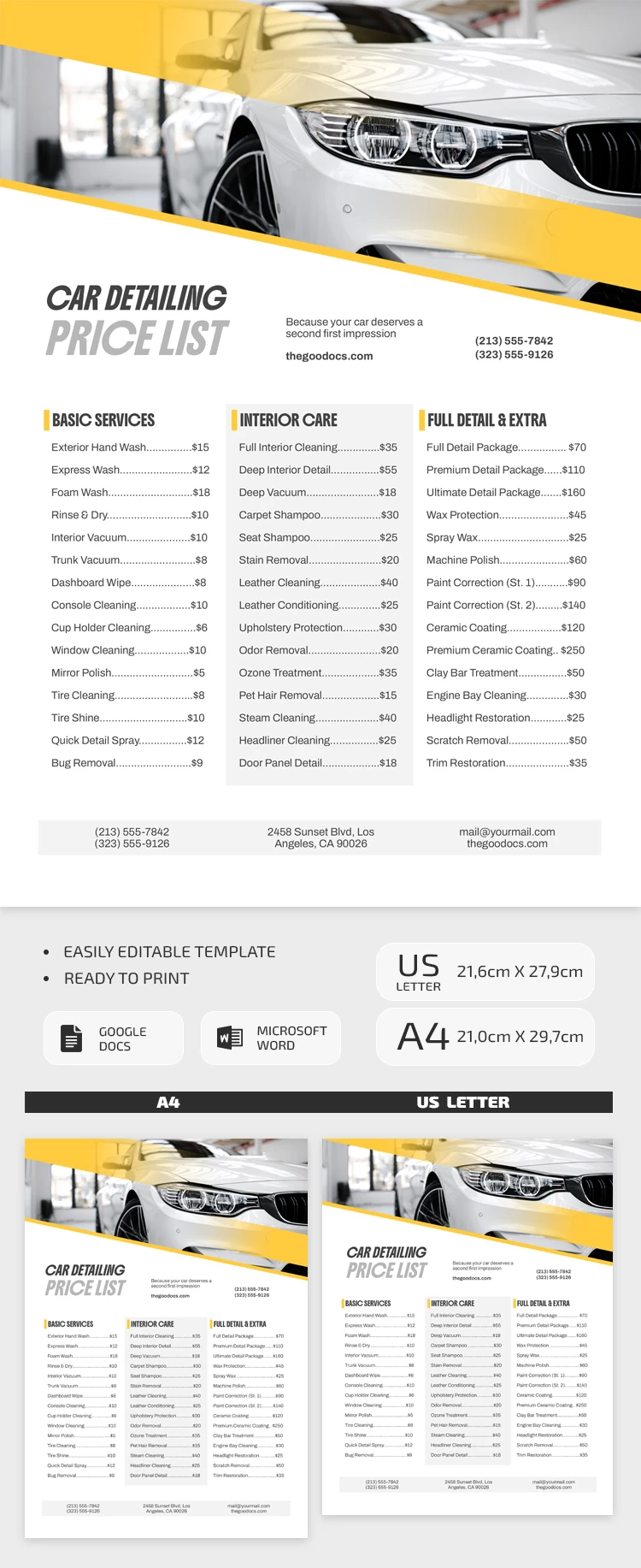 Preview of Car Detailing Price List Template for Google Docs and Microsoft Word