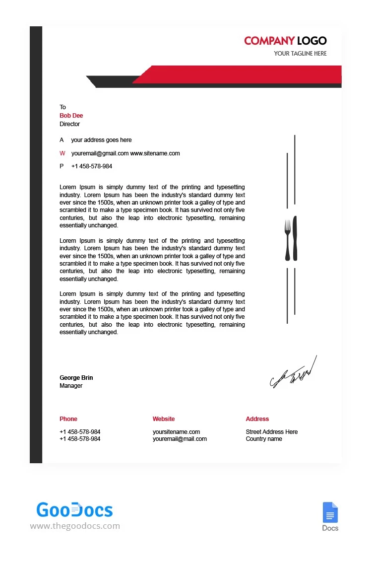 Catering Letterhead - free Google Docs Template - 10062300