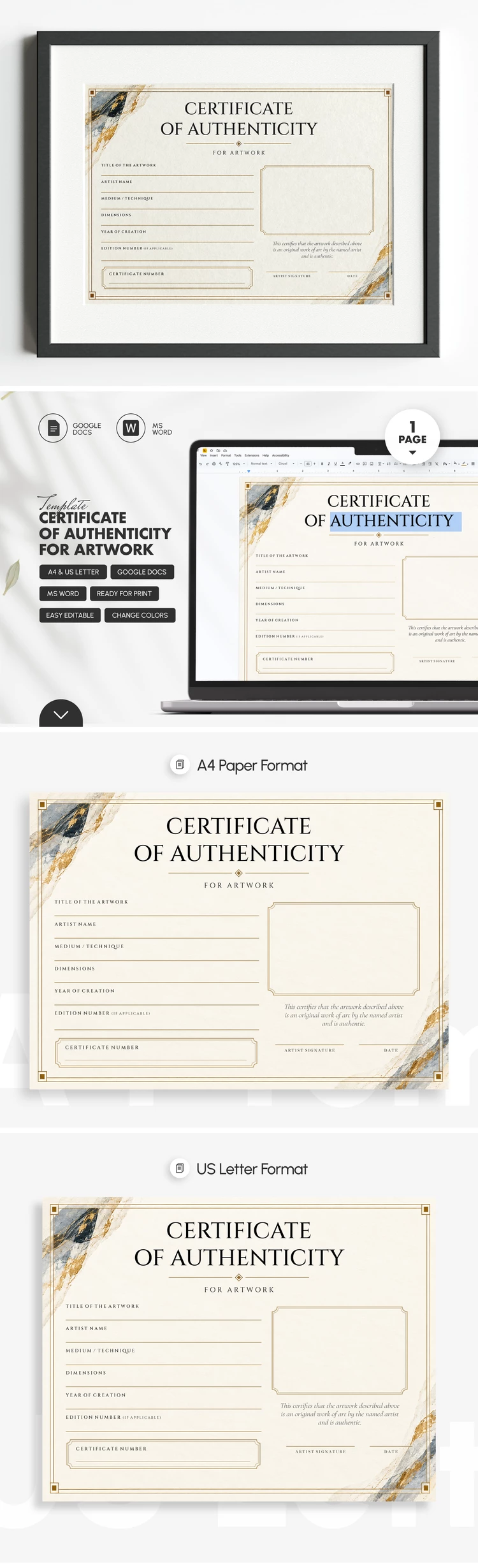 Preview of Certificate of Authenticity for Artwork for Google Docs and Microsoft Word