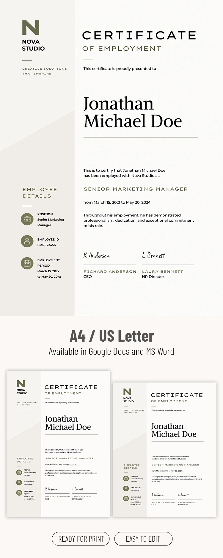 Vista previa de Plantilla de Certificado de Empleo para Google Docs and Microsoft Word