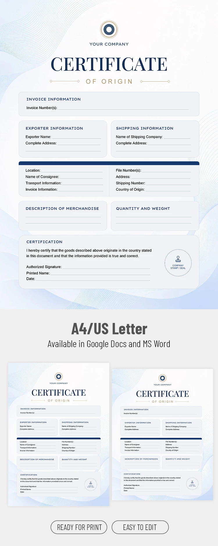 Pré-visualização de Modelo de Certificado de Origem para Google Docs and Microsoft Word