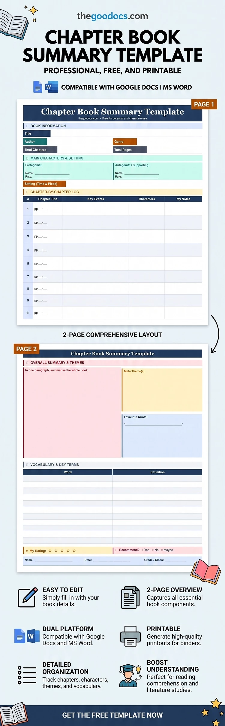 Preview of Chapter Book Summary Template for Google Docs and Microsoft Word