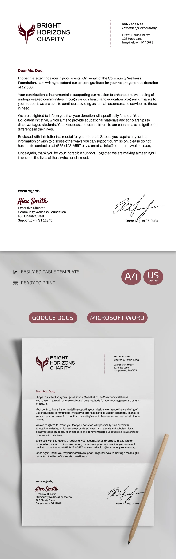 Lettera di donazione benefica - free Google Docs Template - 10069247