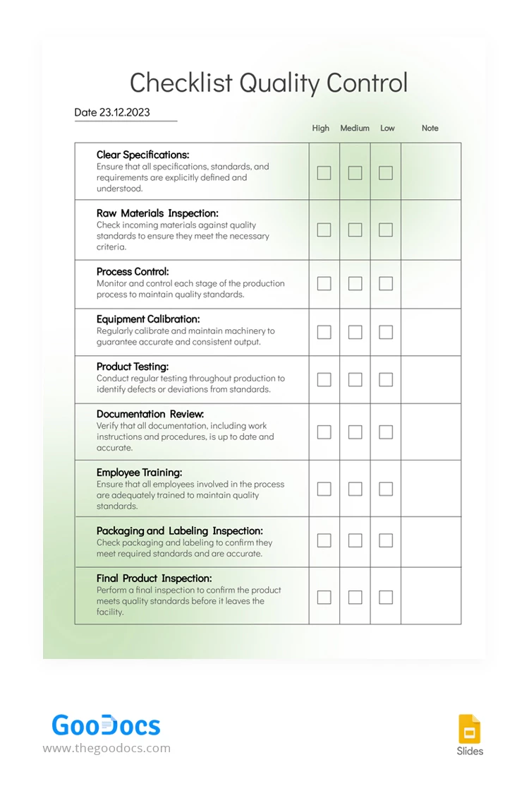 Checklist Light Quality Control - free Google Docs Template - 10067515