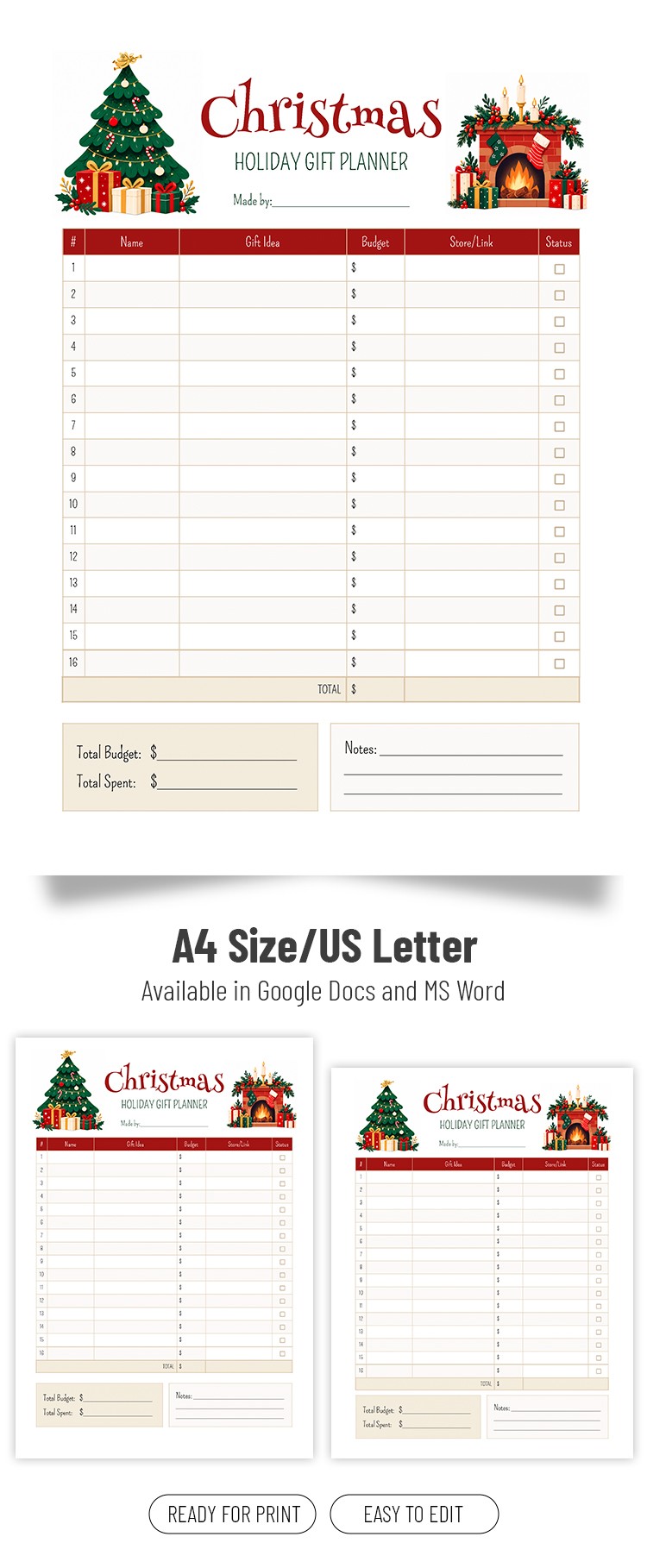 Free Christmas Gift List Template in Google Docs and Microsoft Word ...