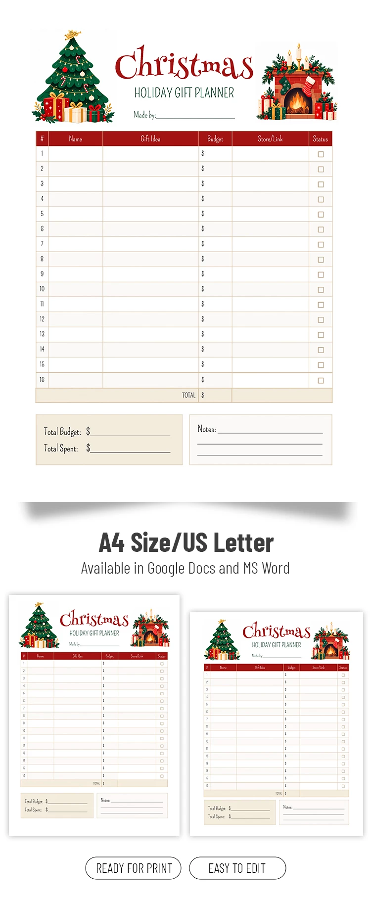 Preview of Christmas Gift List Template for Google Docs and Microsoft Word