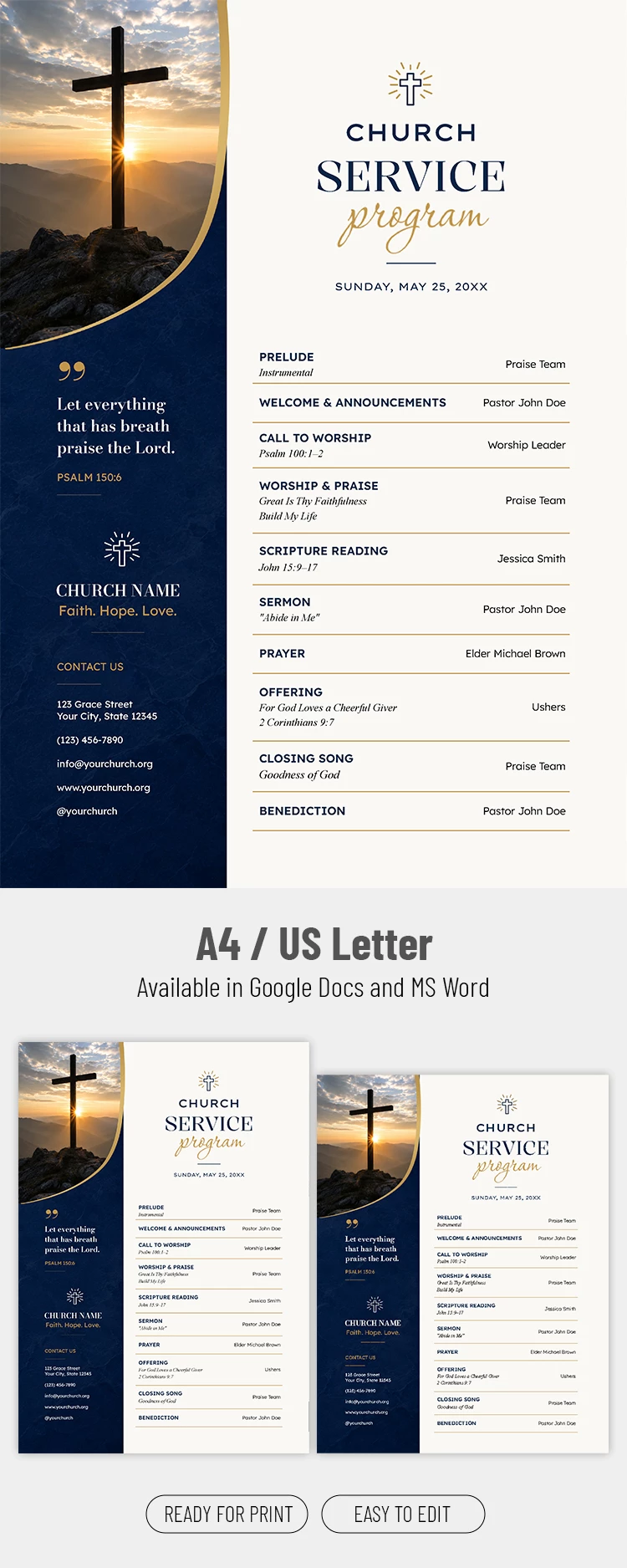 Preview of Church Service Program Template for Google Docs and Microsoft Word