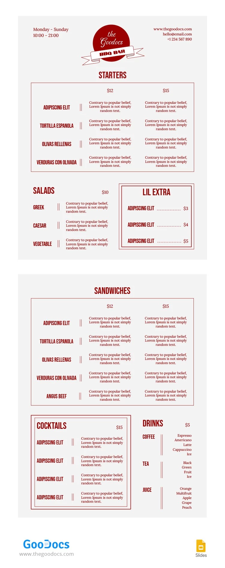 Classic BBQ Restaurant Menu - free Google Docs Template - 10065119