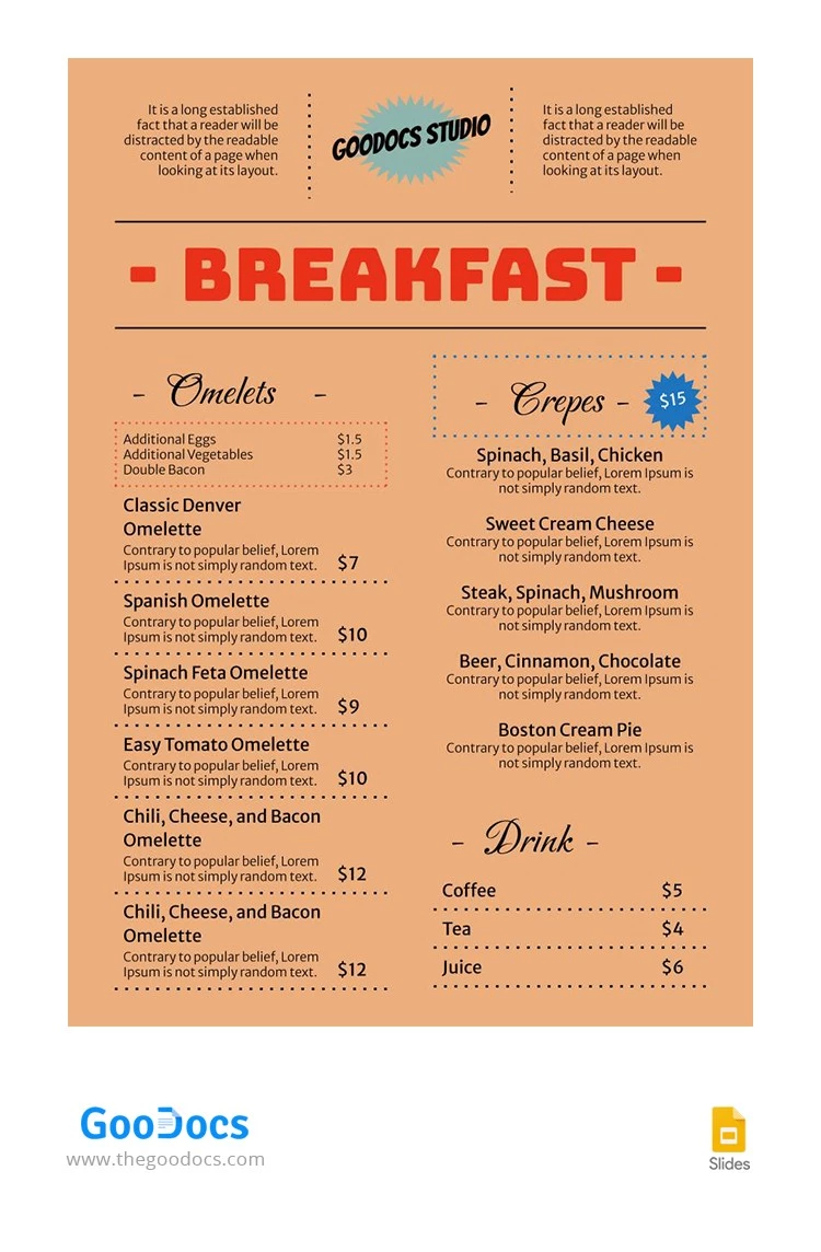 Cardápio clássico de café da manhã do restaurante. - free Google Docs Template - 10064837