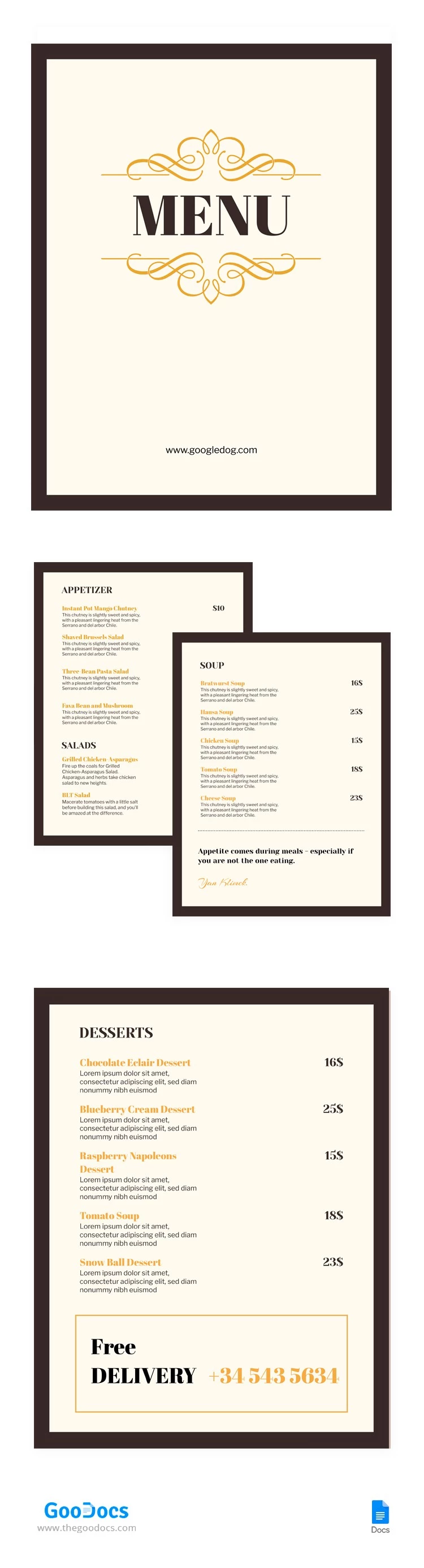 Classic Cafe Menu - free Google Docs Template - 10064260