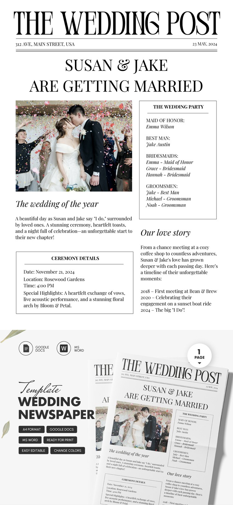 Plantillas gratuitas de periódico de bodas | thegoodocs.com, image size:750x1623