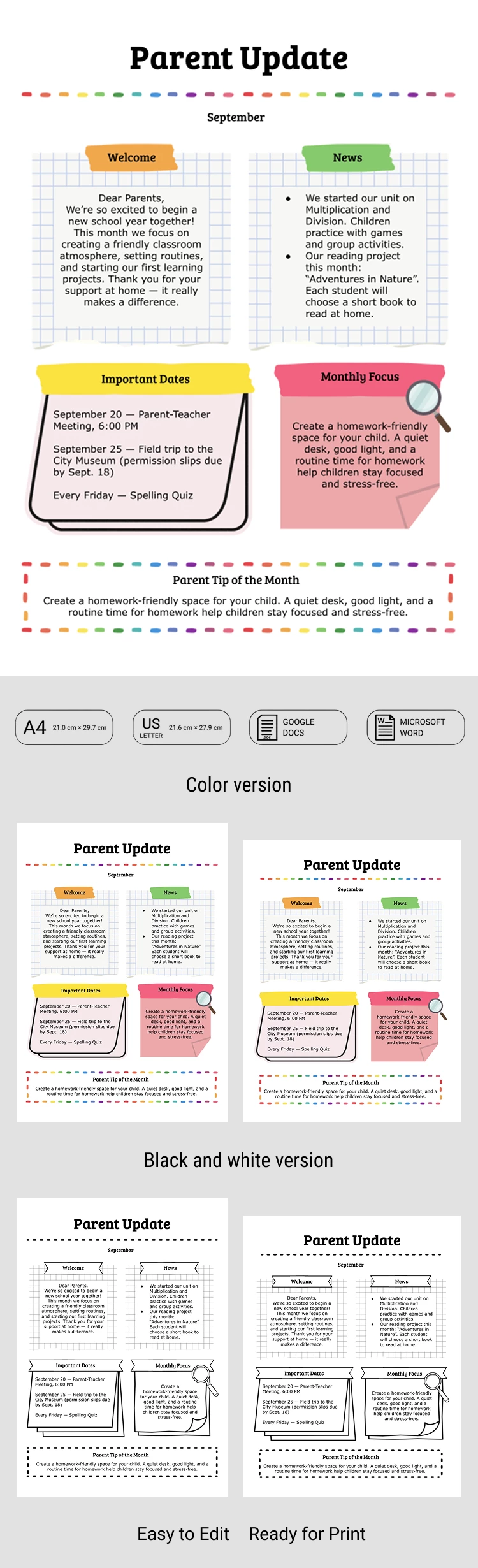 Modèle de bulletin d'information de la classe pour les parents - free Google Docs Template - 10071725