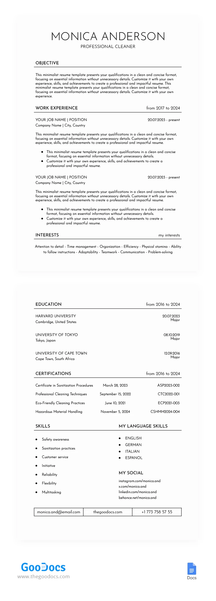 Free Clean Resume And Cv In Google Docs And Microsoft Word