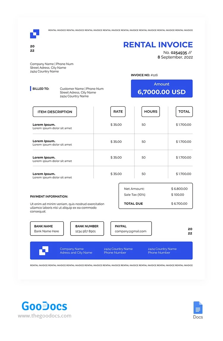 Factura de Alquiler Limpia - free Google Docs Template - 10064633