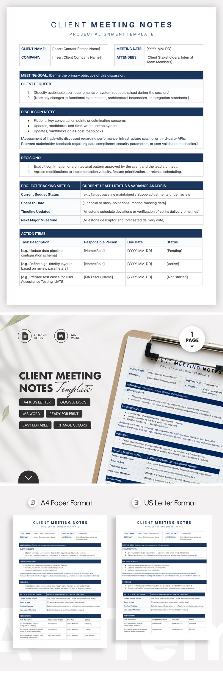 Preview of Client Meeting Notes Template for Google Docs and Microsoft Word