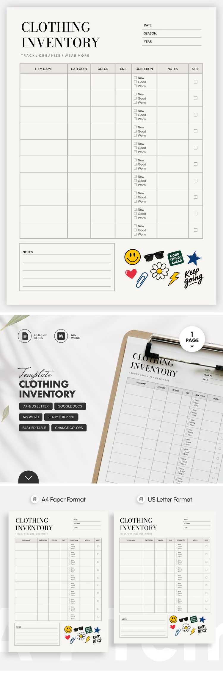 Preview of Clothing Inventory Template for Google Docs and Microsoft Word