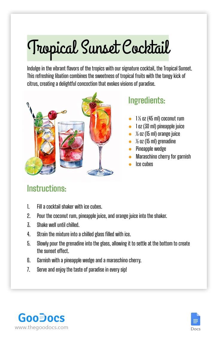 Cocktail Rezept - free Google Docs Template - 10068272