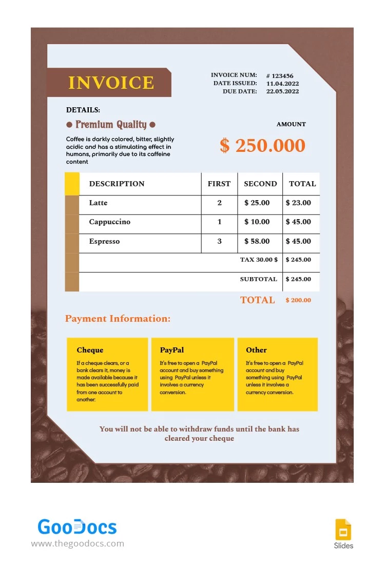 Coffee Cafe Invoice - free Google Docs Template - 10063137