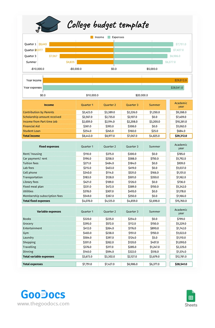 College Budget with Charts - free Google Docs Template - 10063243
