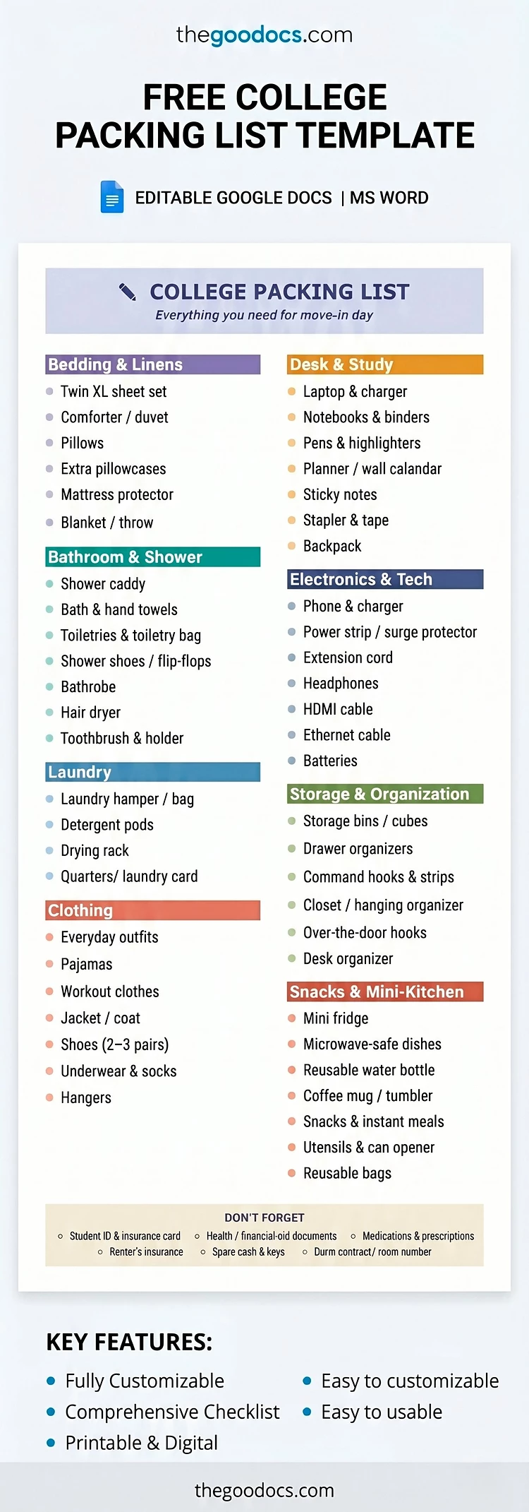 Vista previa de Lista de empaque para la universidad para Google Docs and Microsoft Word