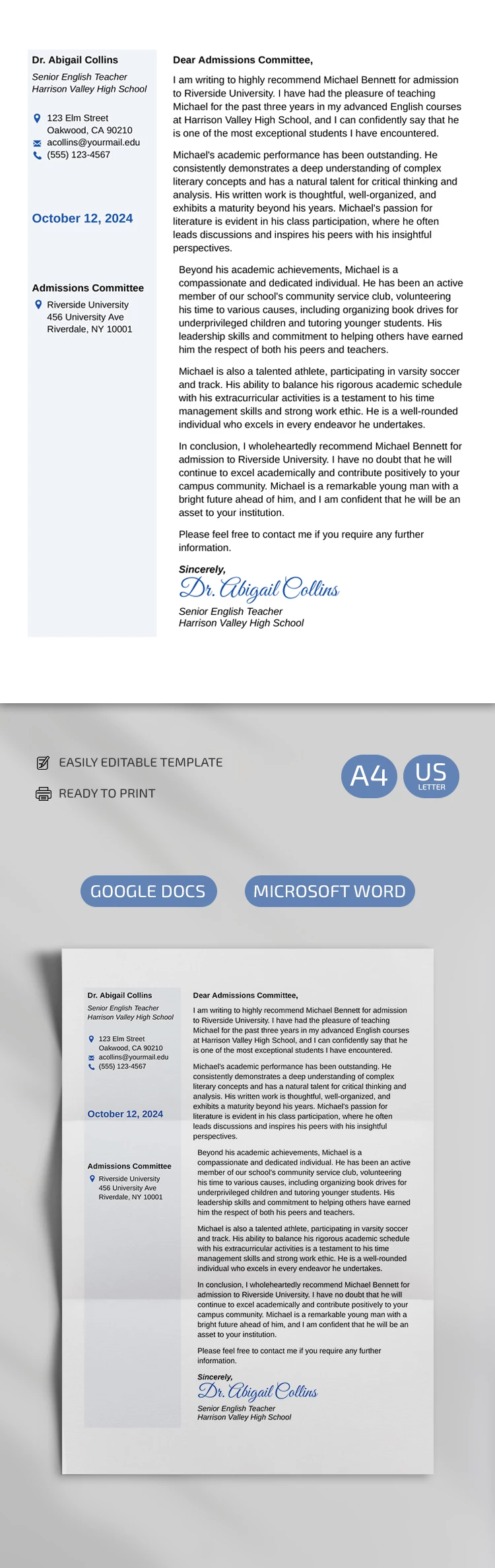 Lettera di raccomandazione per il college - free Google Docs Template - 10069250