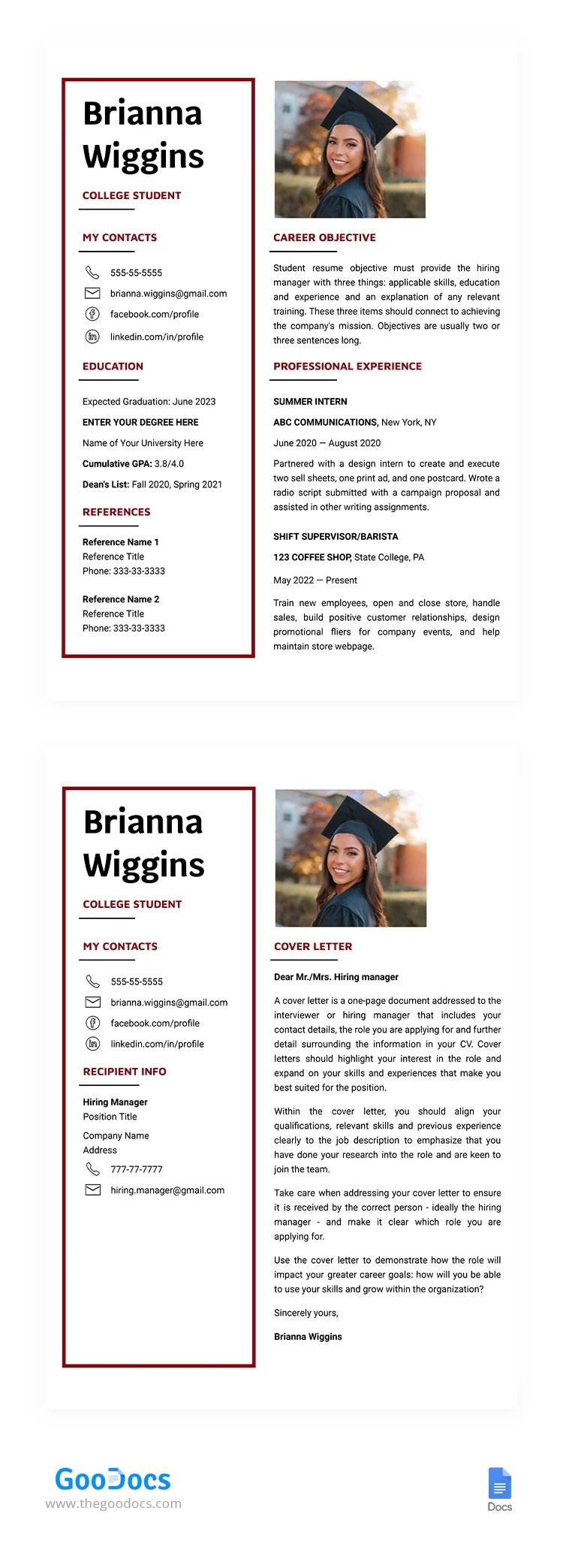 Curriculum Vitae Étudiant en Collège - free Google Docs Template - 10064478