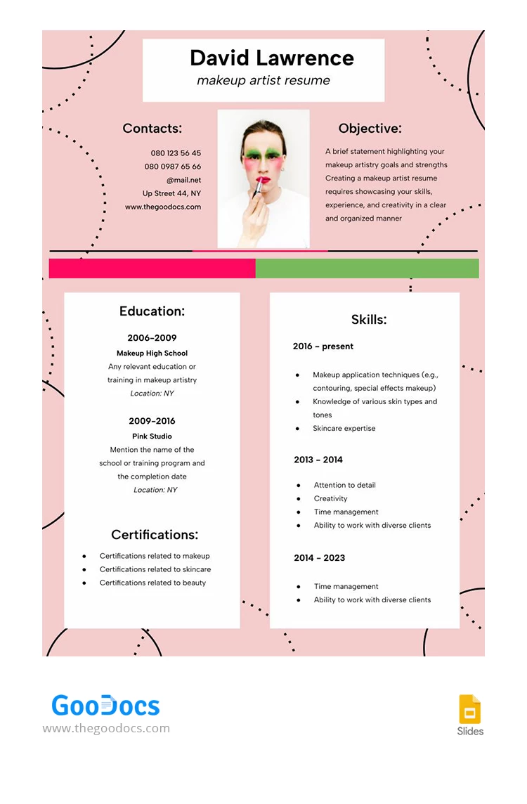 Curriculum vitae d'artiste maquilleur spécialisé en couleur - free Google Docs Template - 10067861