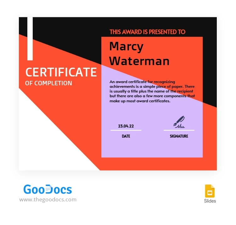 Certificat de récompense coloré - free Google Docs Template - 10063686
