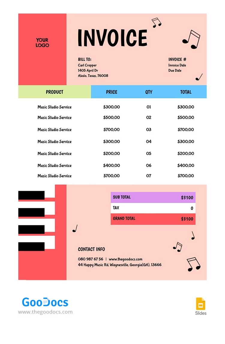Colored Musician Invoice - free Google Docs Template - 10065755