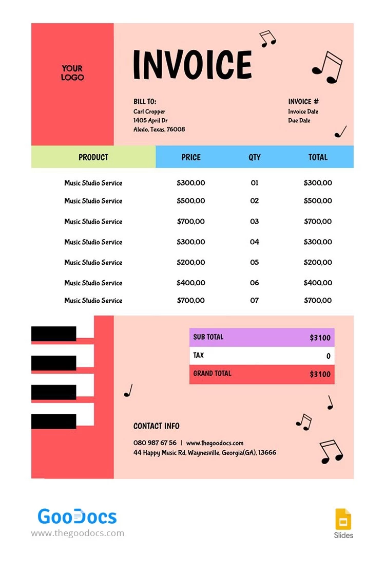 Fatura de Músico Colorido - free Google Docs Template - 10065755