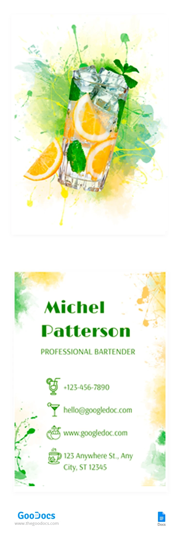 Cartão de visita colorido do bartender - free Google Docs Template - 10065173