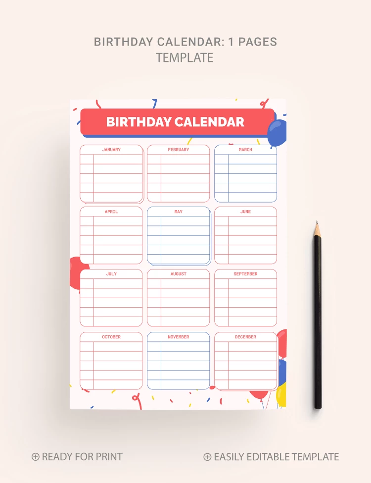 Calendário de Aniversário Colorido - free Google Docs Template - 10068863