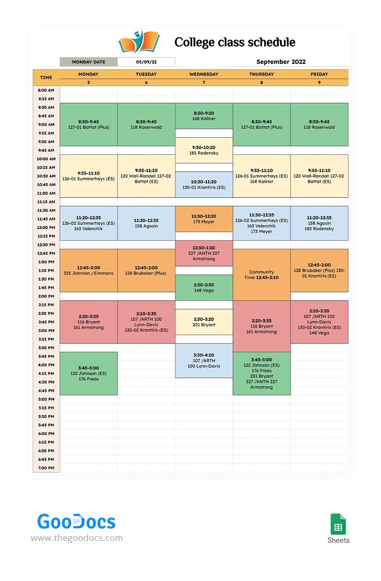 Colorful College Class Schedule Template In Google Sheets
