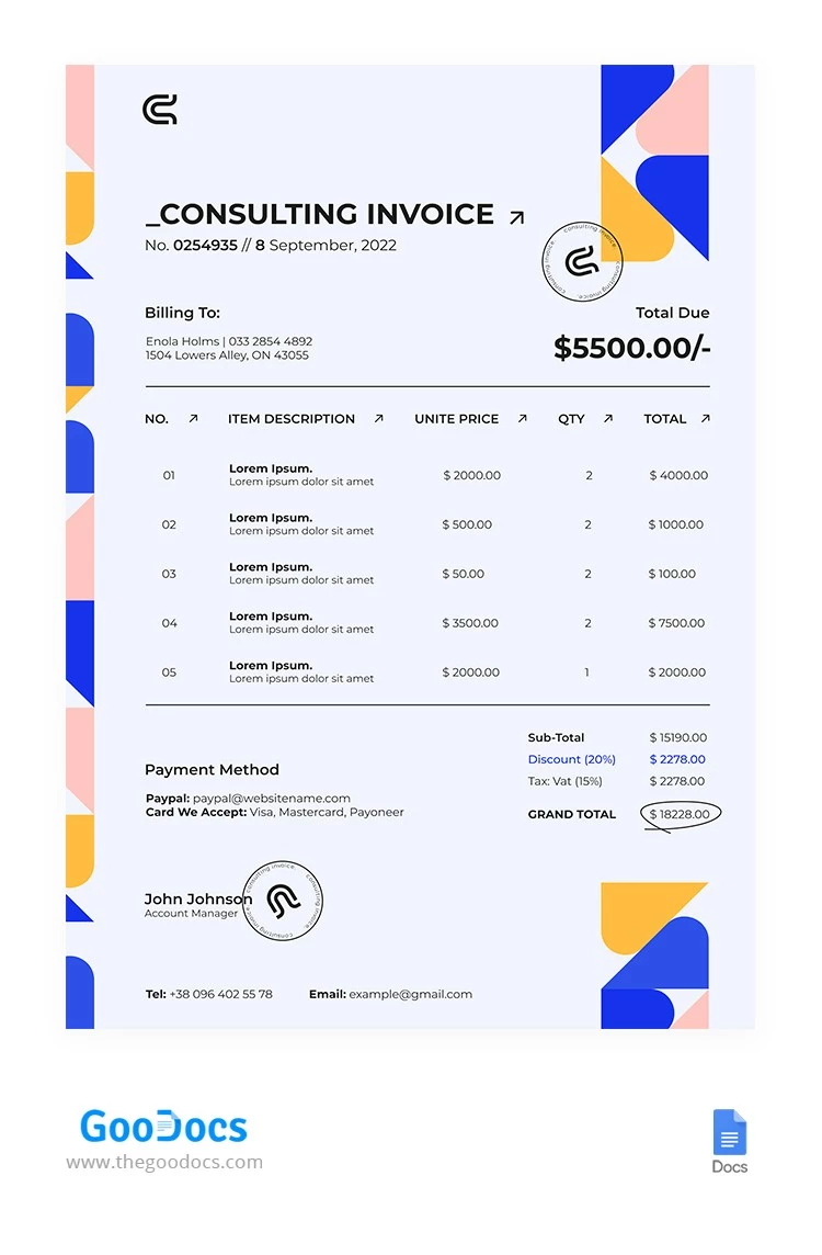 Colorful Consulting Invoice - free Google Docs Template - 10064631