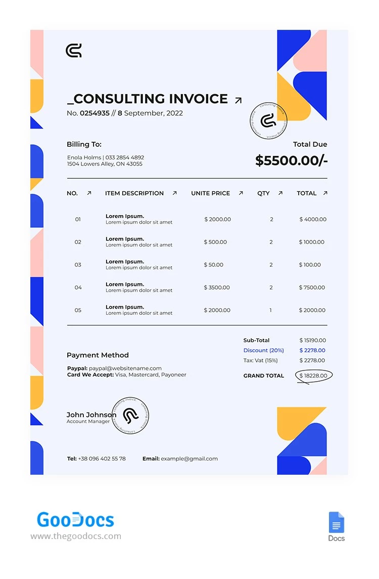 Factura de consultoría colorida - free Google Docs Template - 10064631