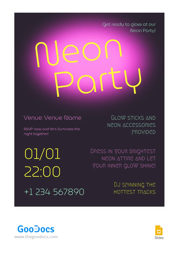 Flyer de festa neon colorido - free Google Docs Template - 10066647