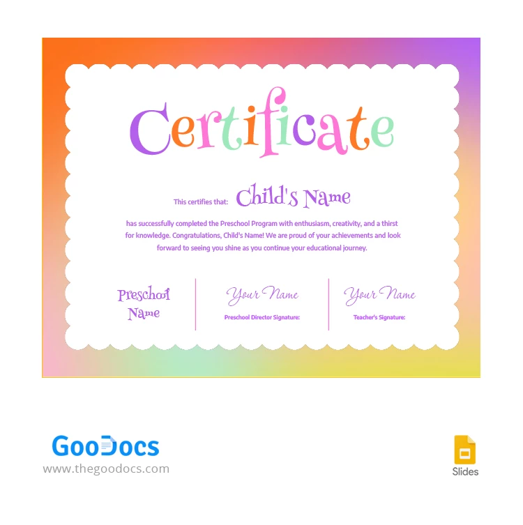 Certificato colorato di scuola materna - free Google Docs Template - 10066623