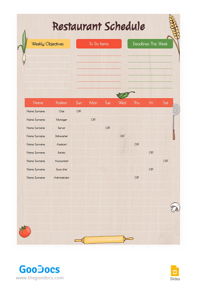 Cronograma colorido do restaurante - free Google Docs Template - 10065655