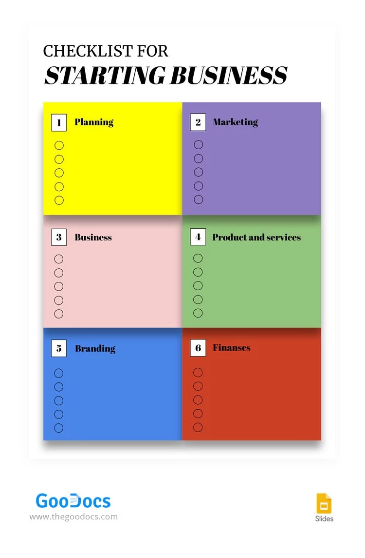 Checklist di avvio colorata del business. - free Google Docs Template - 10063921