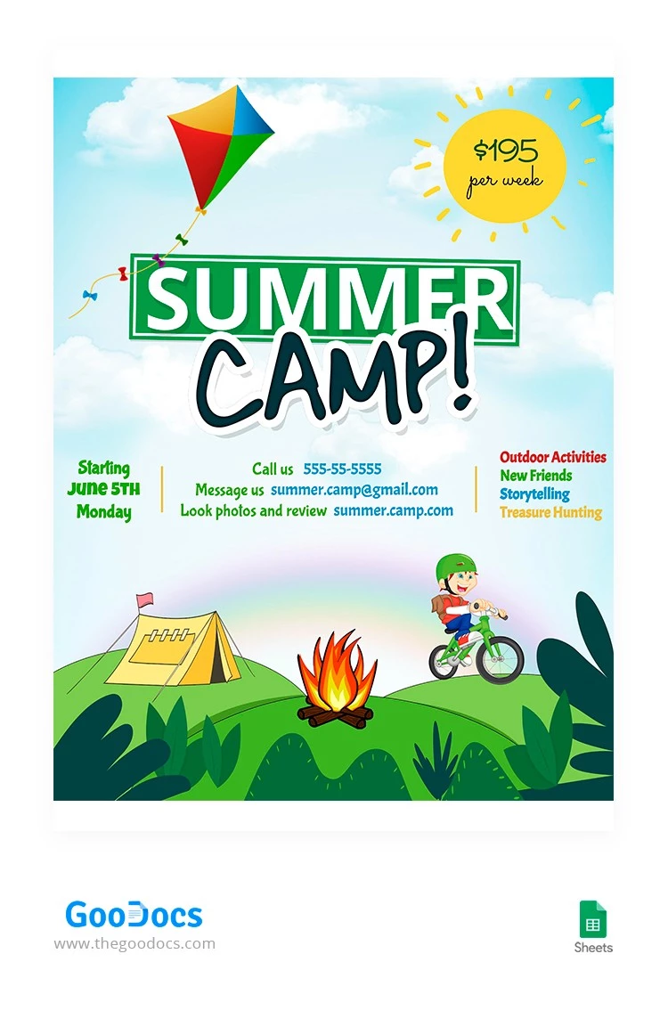 Folleto colorido del campamento de verano - free Google Docs Template - 10064578