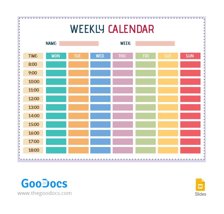 Calendario semanal colorido - free Google Docs Template - 10064272